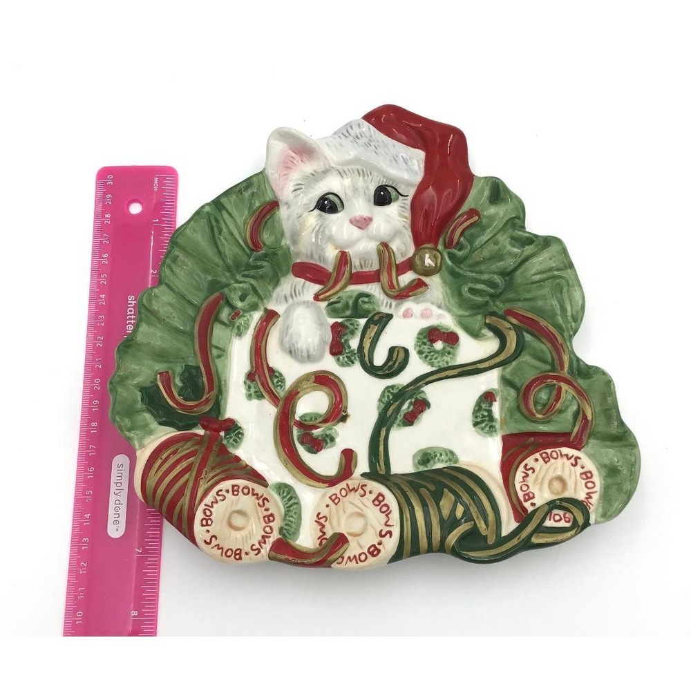 Vintage Fitz and Floyd Ceramic Christmas Plate Set Santa Claus & Holiday Kitten - Picture 7 of 14